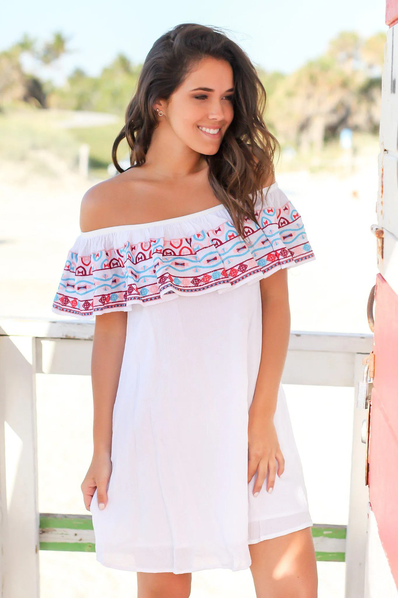 White Off Shoulder Short Dress with Embroidered Top