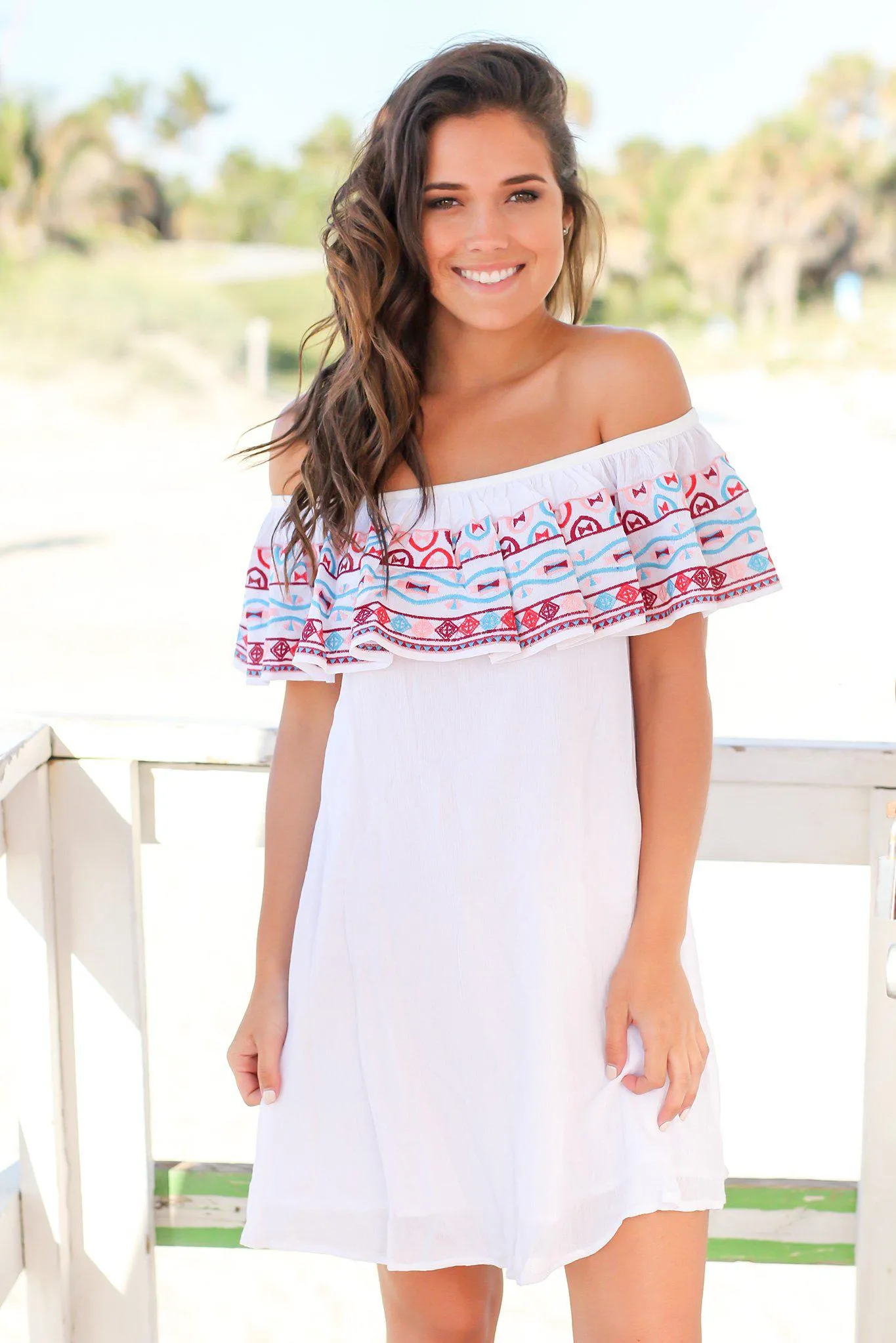 White Off Shoulder Short Dress with Embroidered Top