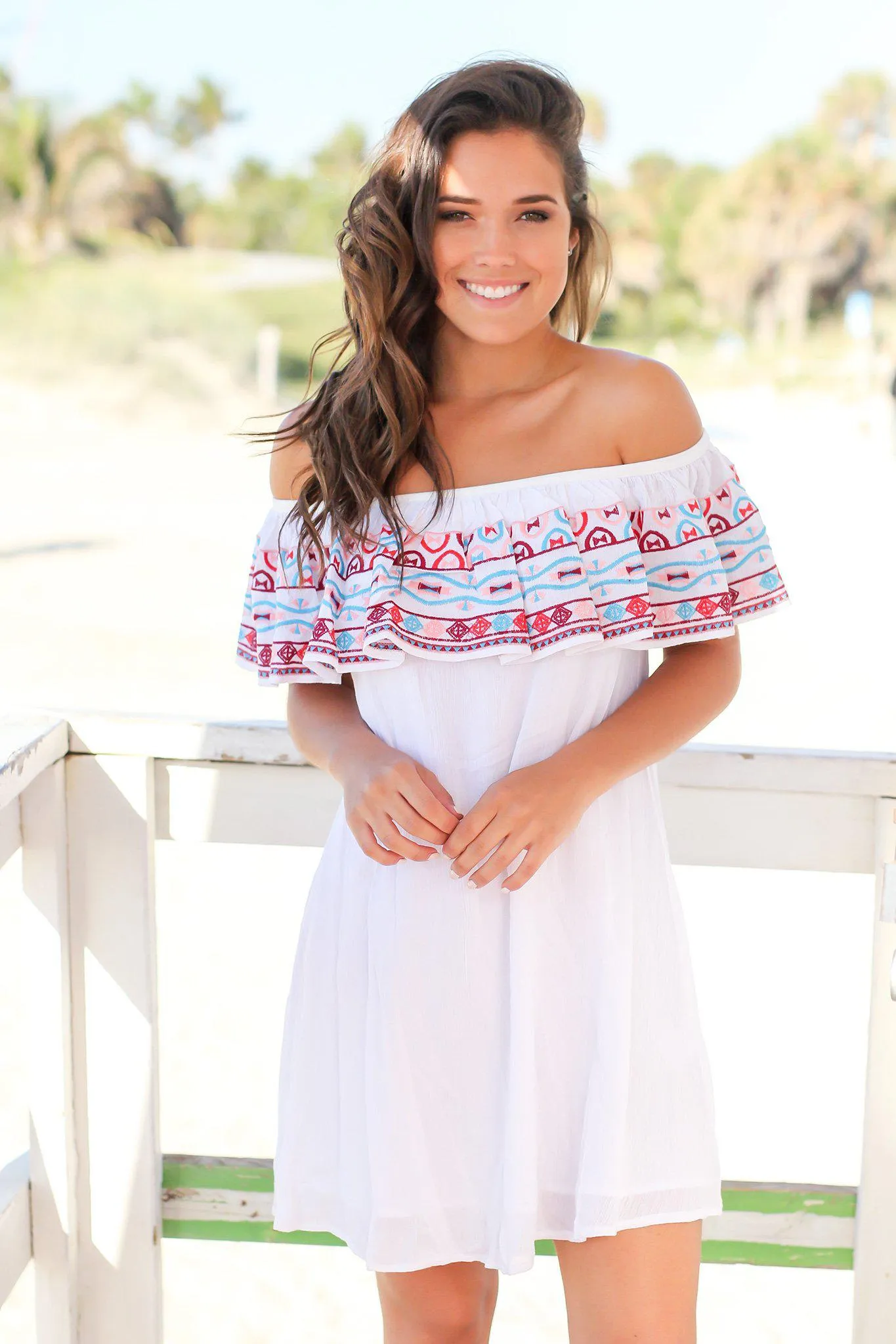 White Off Shoulder Short Dress with Embroidered Top