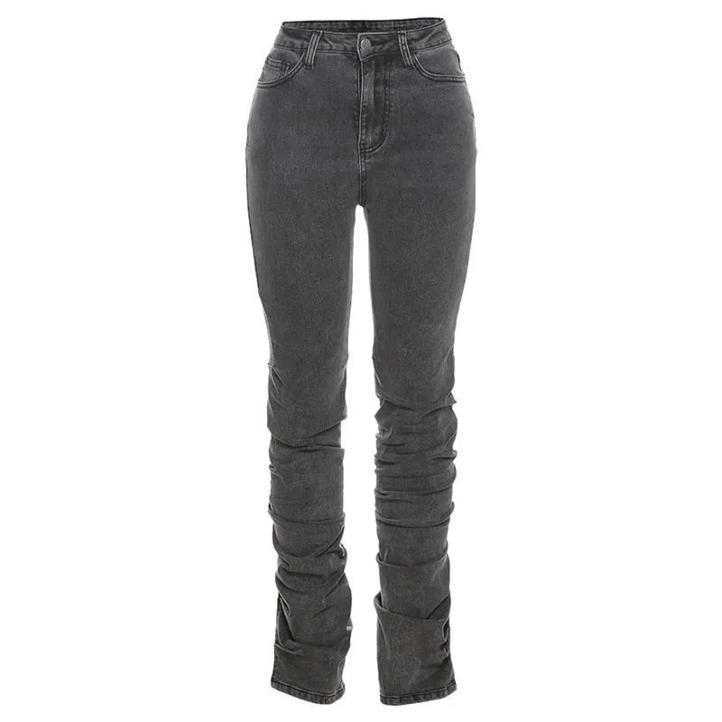 Wjczt Grey Split Denim Stacked Pants Zip Up Baddie Style Streetwear Pencil Jeans For Women High Waist Bodycon Ruched Trousers