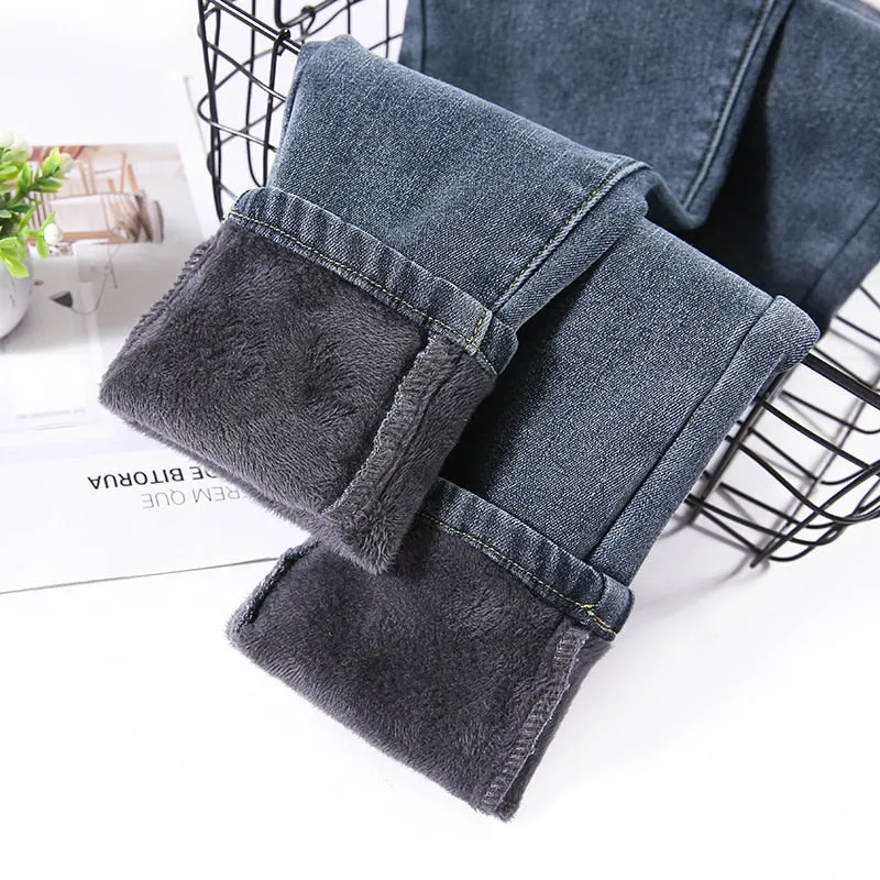 Women Jeans High Waist Skinny Pants Warm Fleece Slim Stretch Ladies Casual Denim Jeans - WJN0001