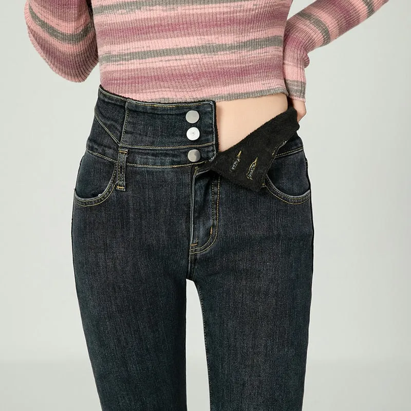 Women Jeans High Waist Skinny Pants Warm Fleece Slim Stretch Ladies Casual Denim Jeans - WJN0001