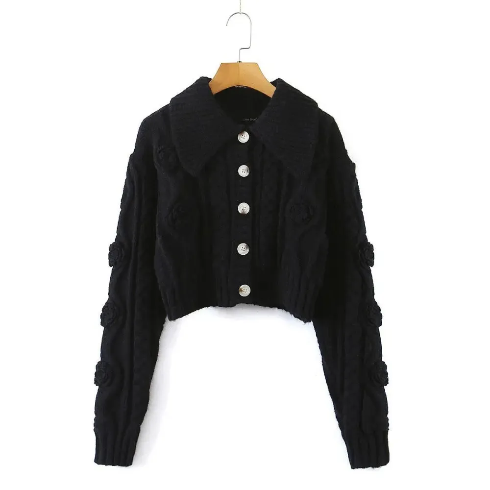 Women three-dimensional flower large lapel knitted cardigan high