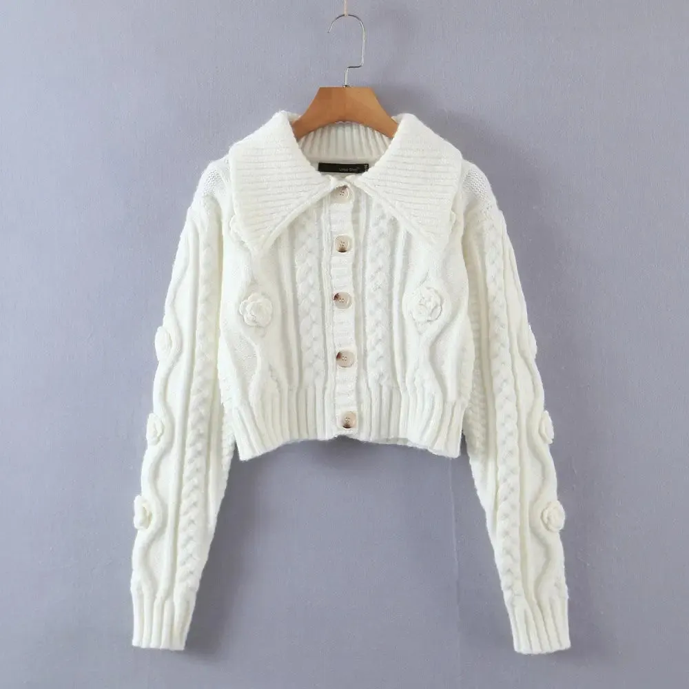 Women three-dimensional flower large lapel knitted cardigan high