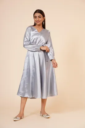 Women's Empire Line with Cuff Satin Wrap Dress Grey