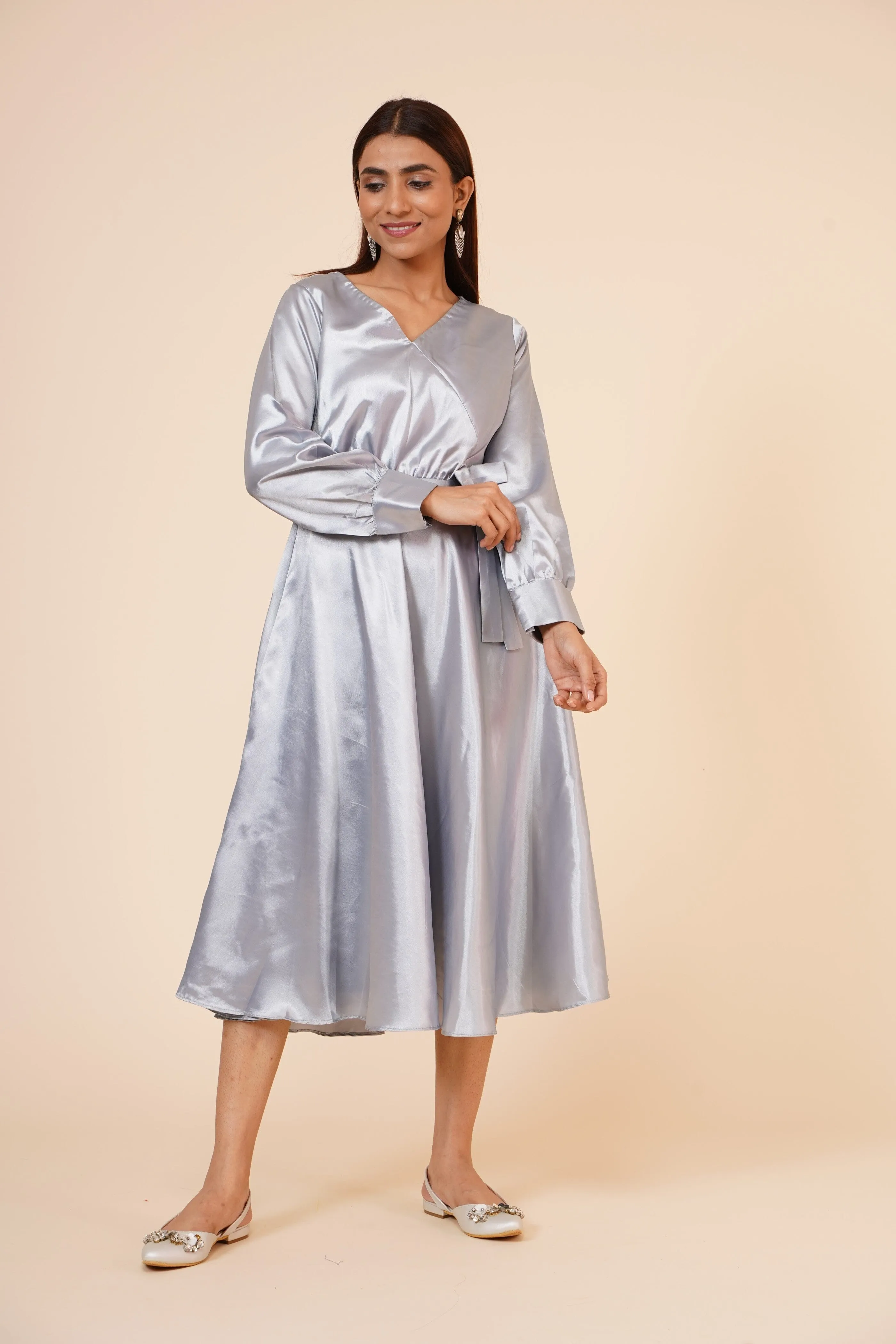 Women's Empire Line with Cuff Satin Wrap Dress Grey