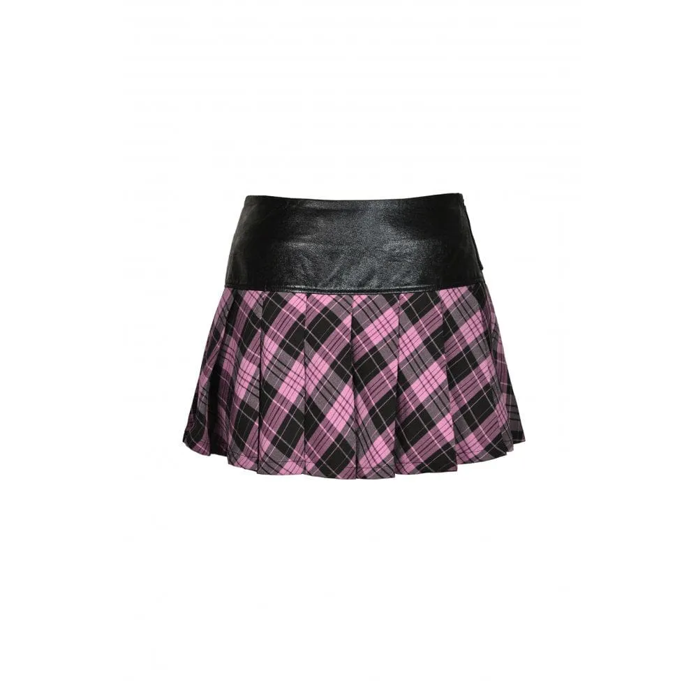 Women's Grunge Faux Leather Splice Plaid Pleated Skirt