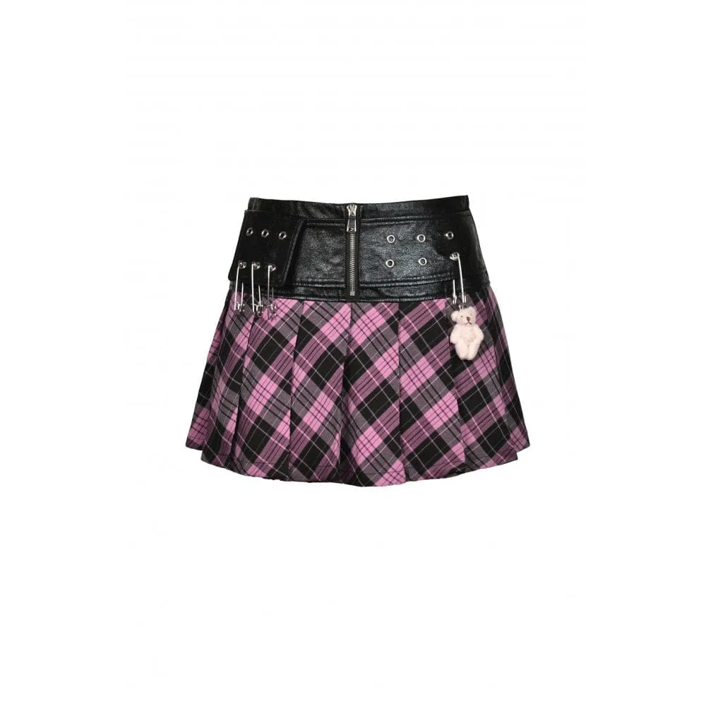 Women's Grunge Faux Leather Splice Plaid Pleated Skirt