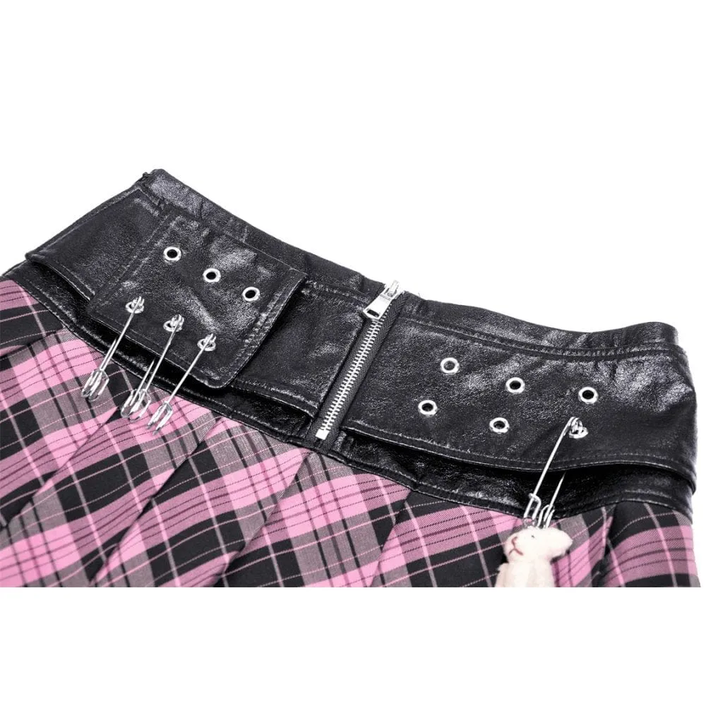 Women's Grunge Faux Leather Splice Plaid Pleated Skirt