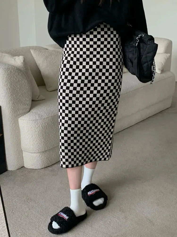 Women's Plaid Jacquard High Waisted Midi Skirt A-line Bodycon Long Pencil Skirt Y2K Streetwear E-Girl 90s Fashion C-095