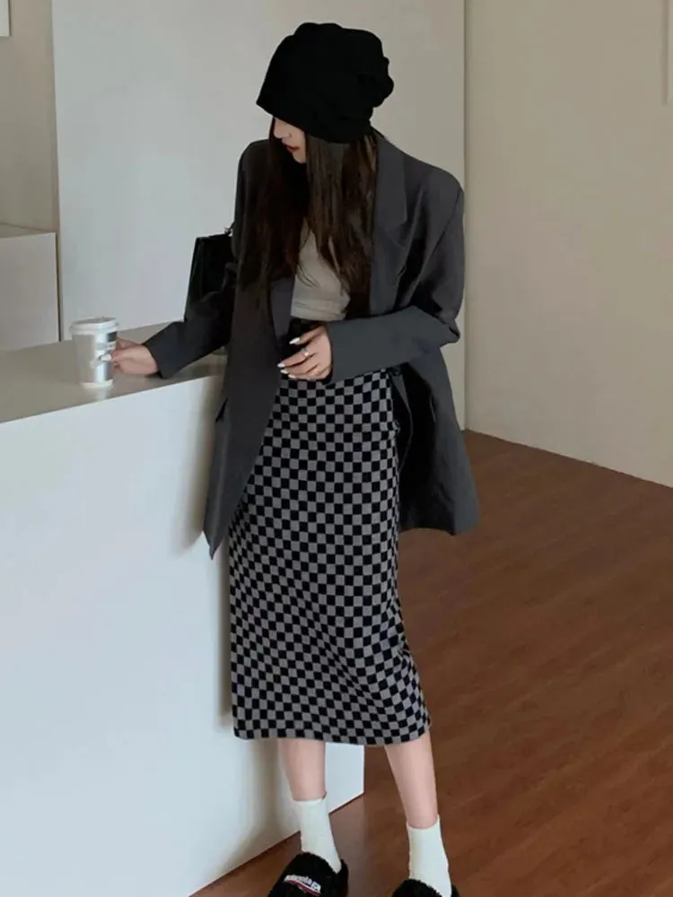 Women's Plaid Jacquard High Waisted Midi Skirt A-line Bodycon Long Pencil Skirt Y2K Streetwear E-Girl 90s Fashion C-095