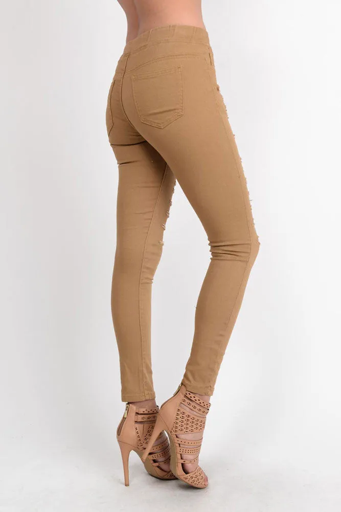 Women's Solid Thrashed Skinny Jogger Pants